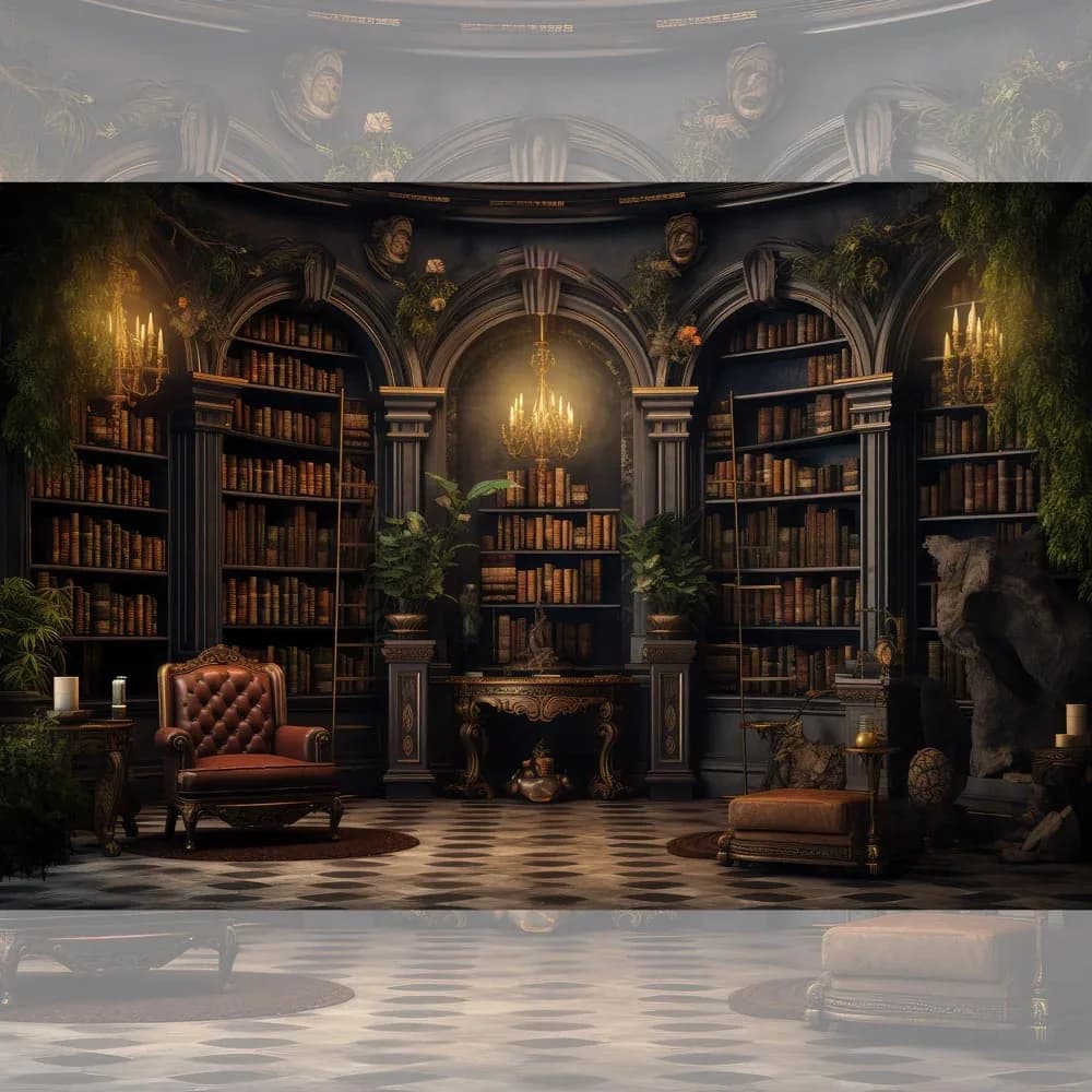 The Book House backdrop with shelves of storybooks