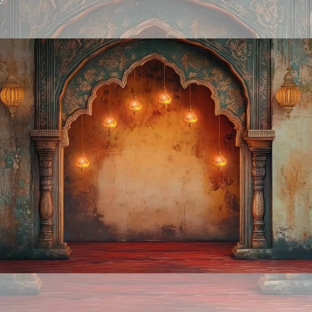 Festive Diyas backdrop with hanging lamps and warm light