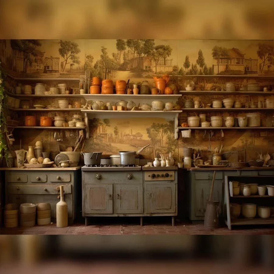 Little Chef copper kitchen backdrop with pans and utensils
