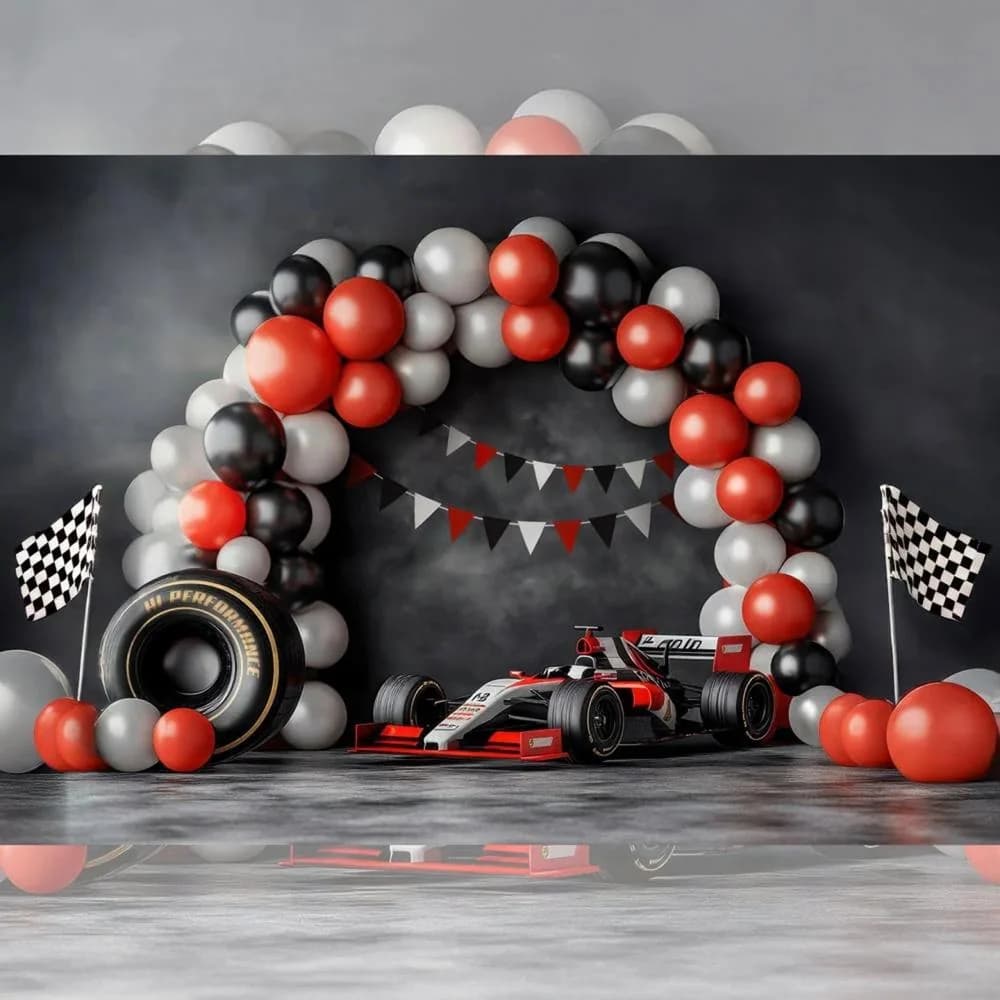 Little Racer backdrop with pit lane and chequered flags
