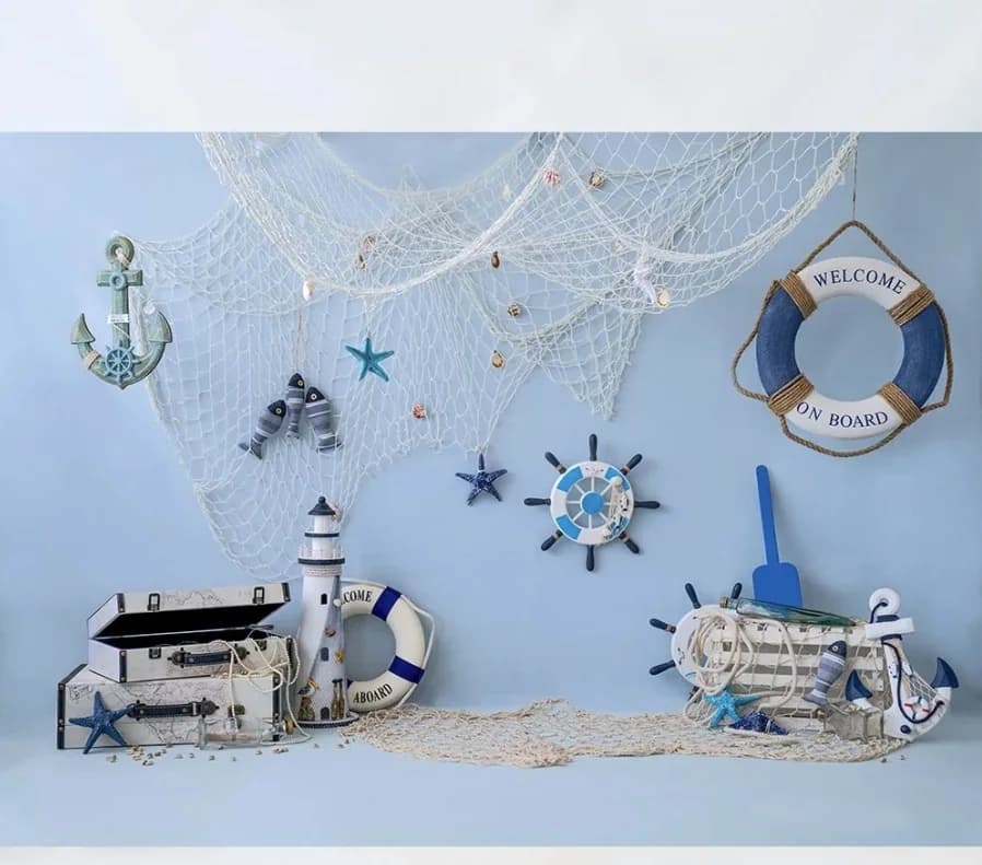 Little Sailor backdrop in navy and cream with rope and anchors