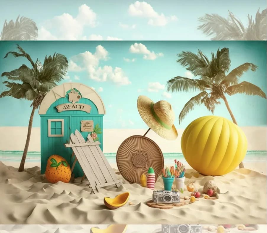 Beach backdrop variation with shells and driftwood